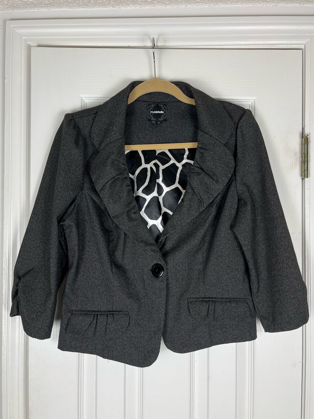 My Michelle Cropped Y2K Pinstripe Charcoal Black Blazer Sz XL Ruching Preppy